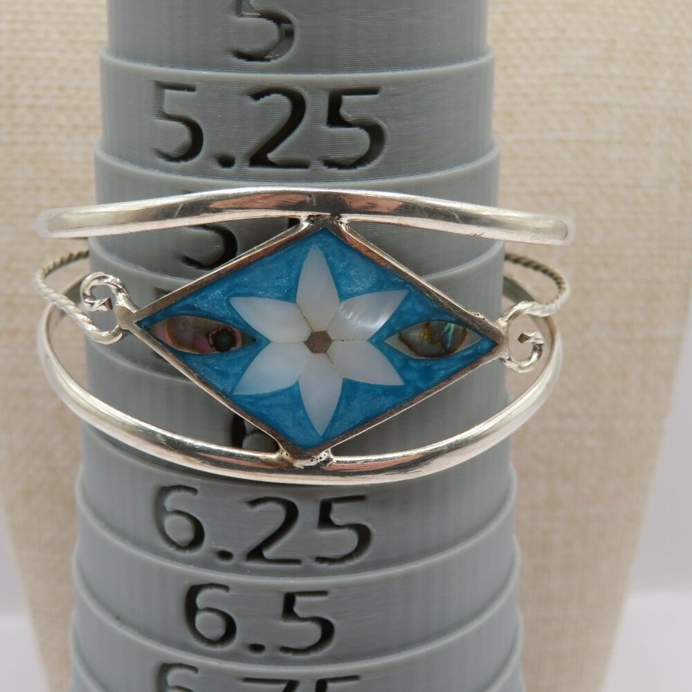 Vintage Alpaca Mexico Mother of Pearl Abalone Inlay Silver Cuff Bracelet